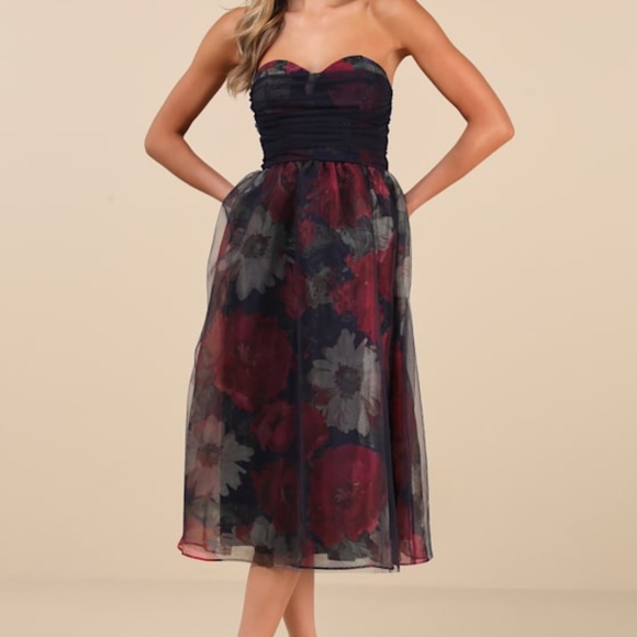 Lulus Dresses & Skirts - Lulus Splendidly Yours Navy Floral Organza Mesh Strapless Midi Dress Blue